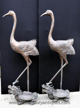 Pair Chinese Bronze Cranes Birds Stork Turtle Dragon Statue Casting